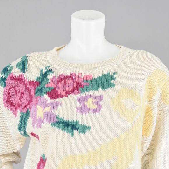 Vintage Cream Floral Cottagecore Chunky Knit Sweater NWT Women's Medium - Picture 3 of 10